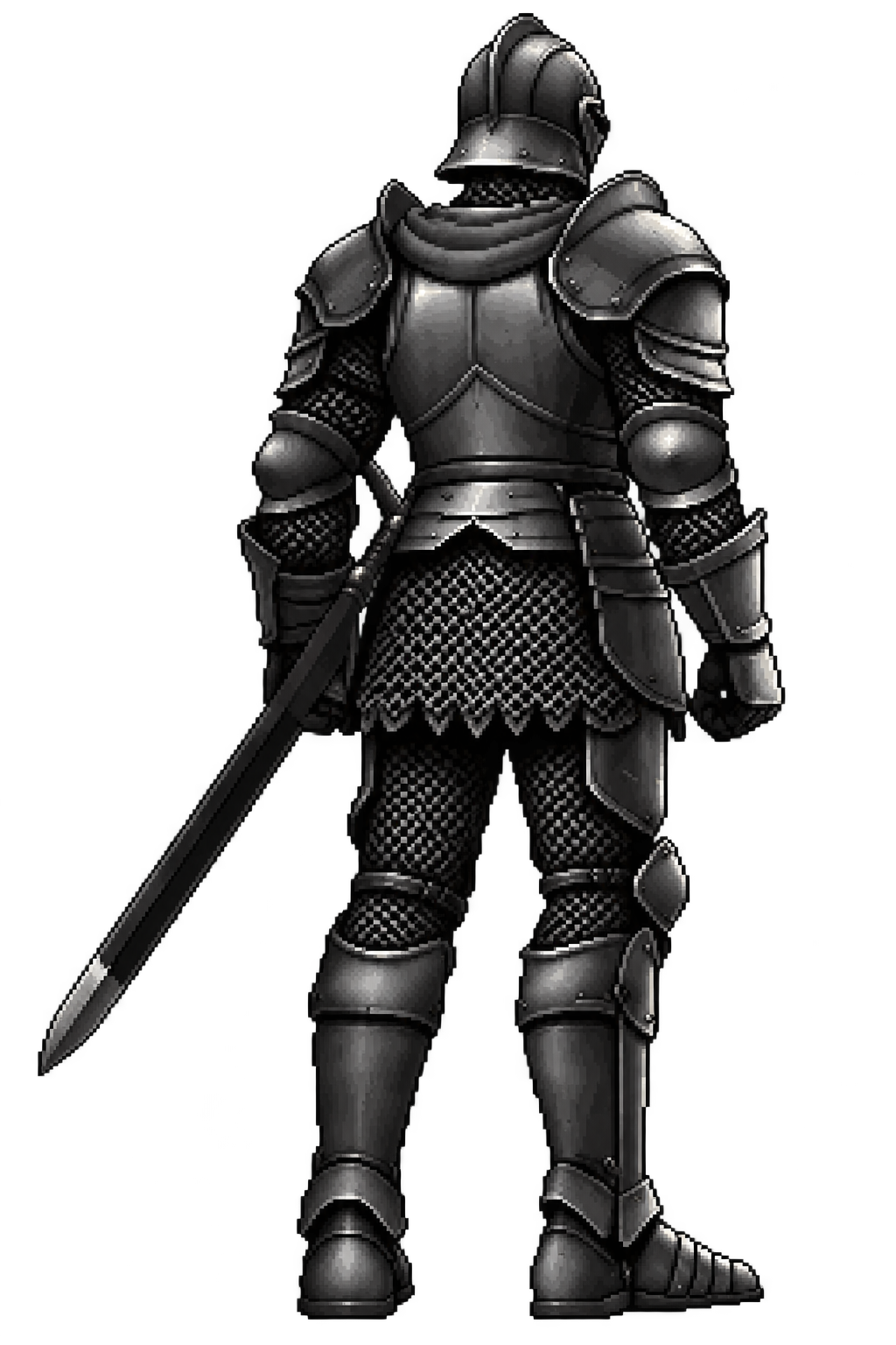 A dark armored knight looking out over the clouds, sword in hand
