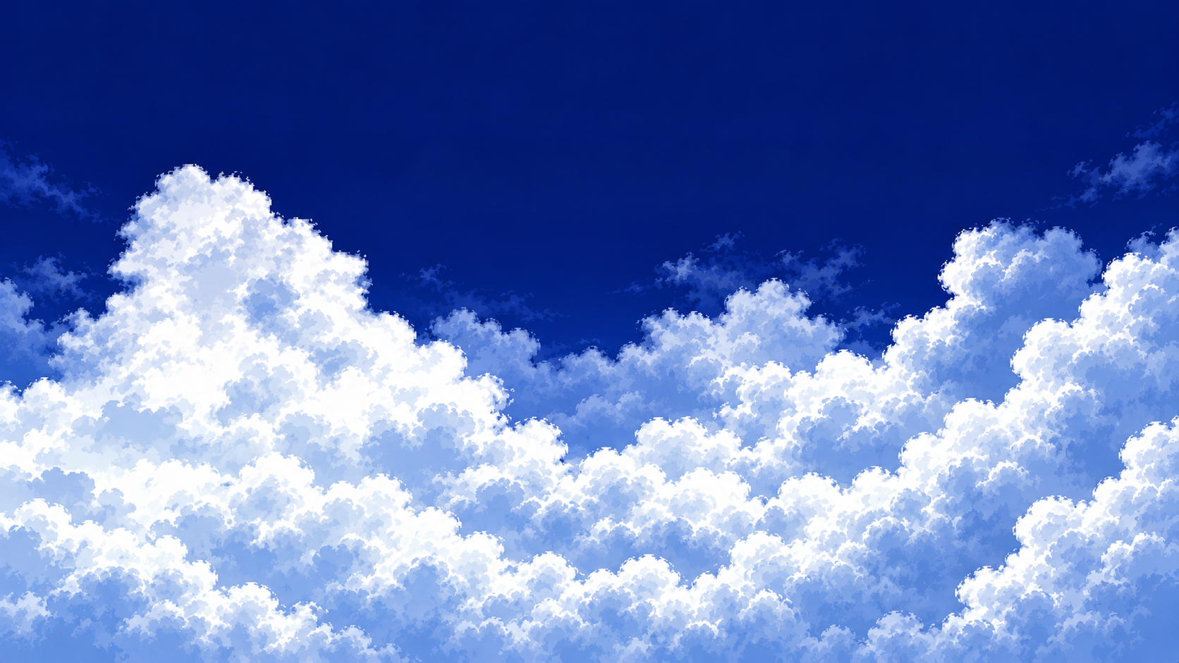 Towering white pixel-art clouds in a deep blue sky